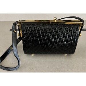 Vintage RODO Italy Black Woven Evening Bag Gold Frame Kiss Lock Handbag